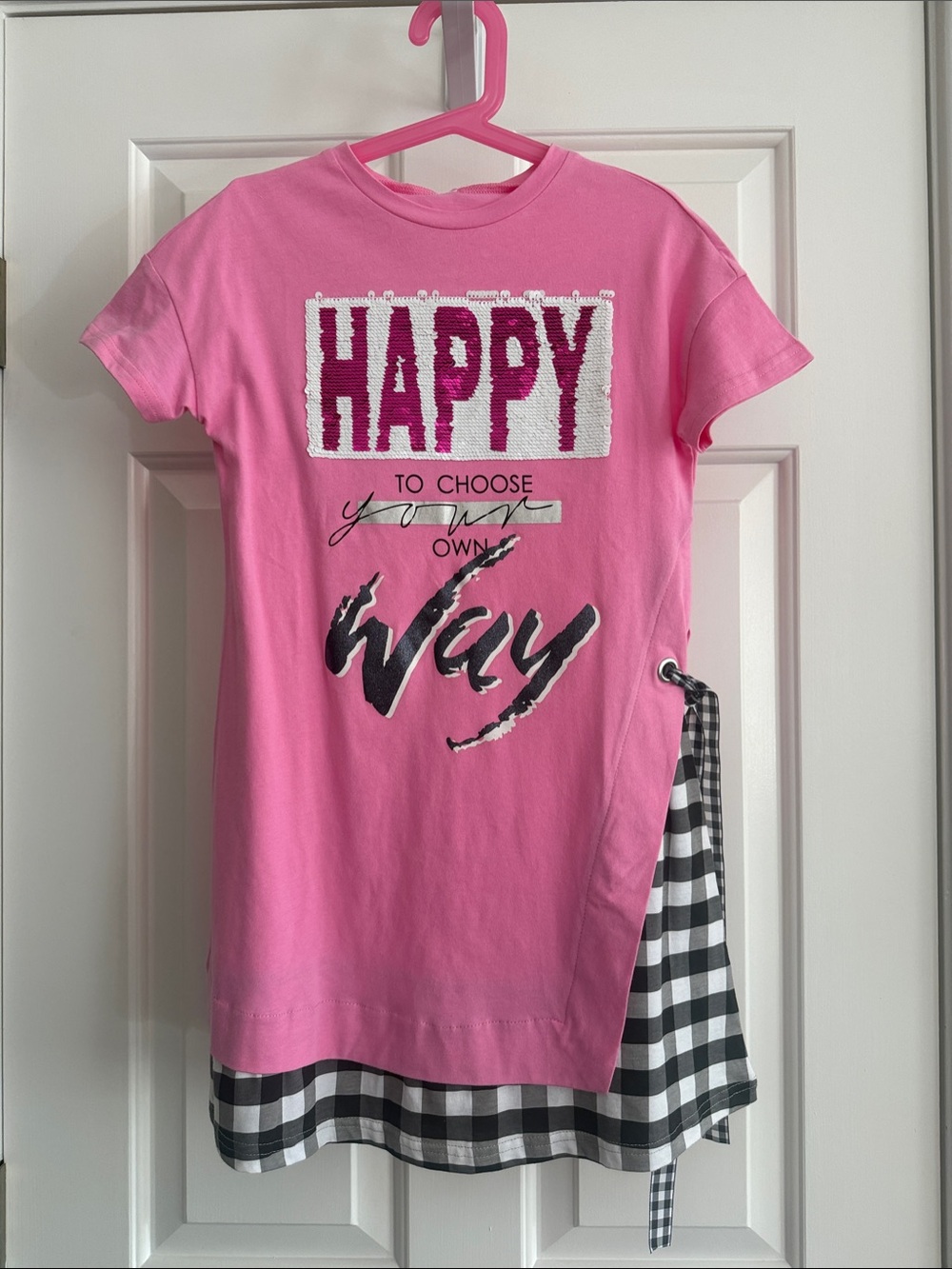 Pink Graphic Girls Tee Dress with Black & White Gingham Trim